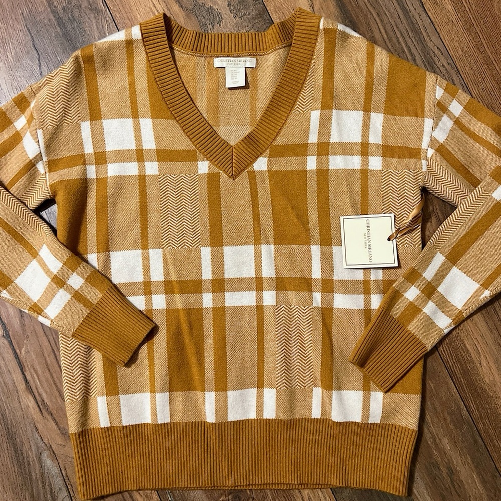 Christian Siriano of New York Size XS Gold Plaid V-neck Sweater NWT